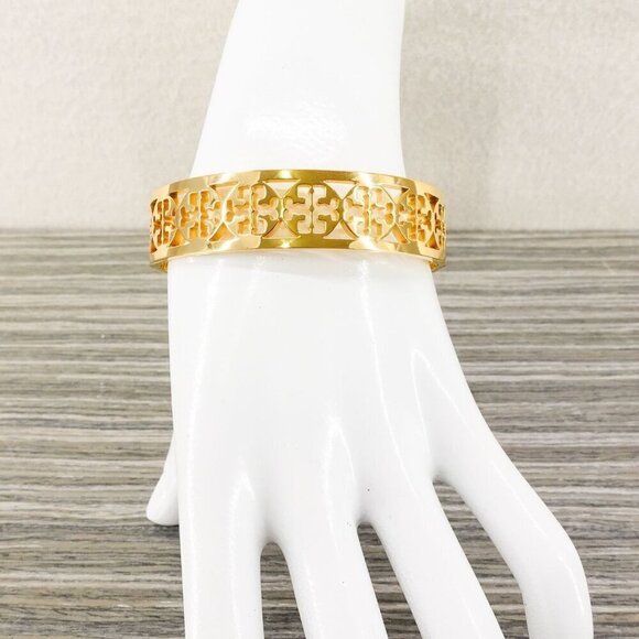 Tory Burch TB Gold Logo Cut out Cuff Bracelet Gold OS - Picture 7 of 12